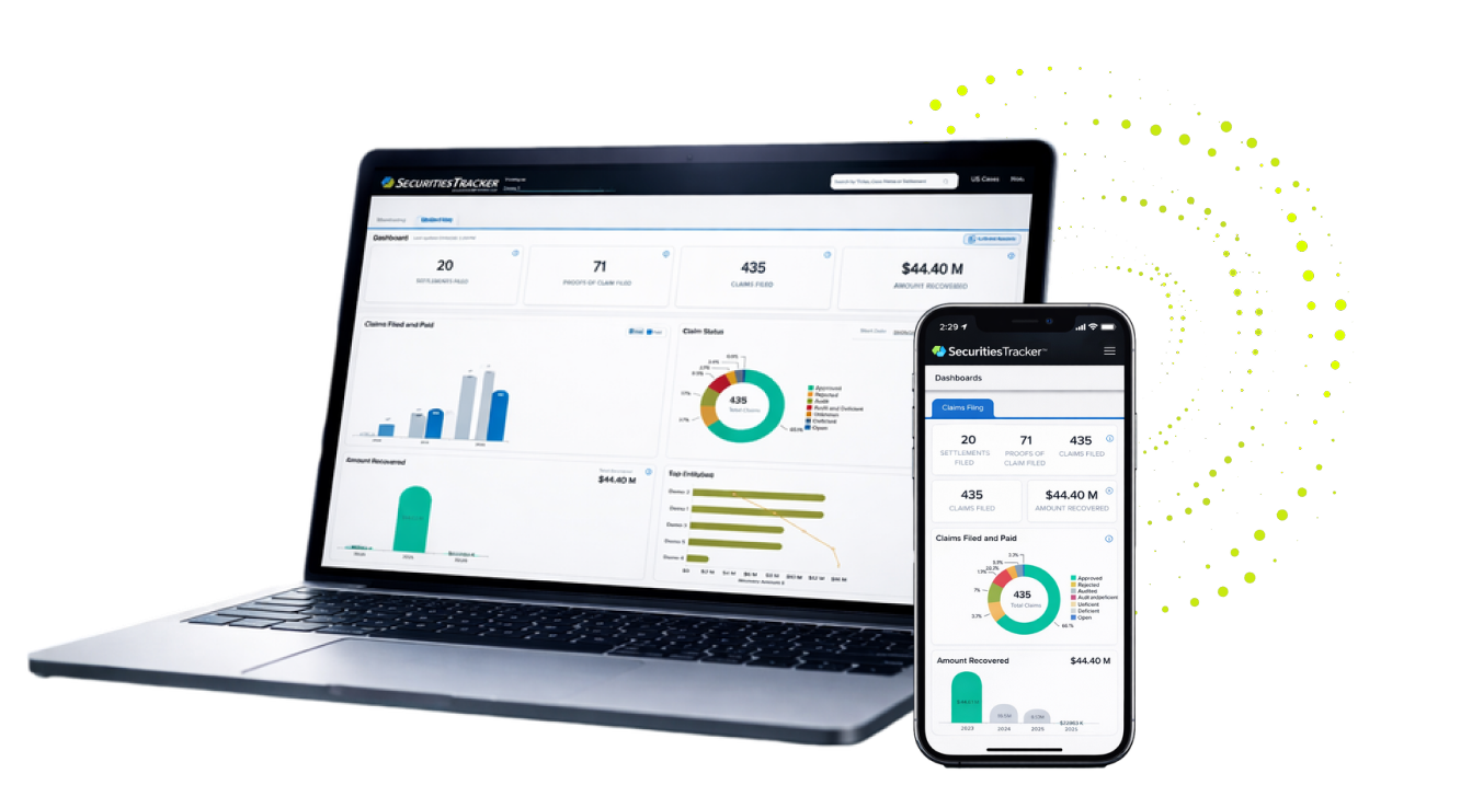 Laptop and smartphone displaying a dashboard with charts and graphs on a black background. Bright green dots form a spiral pattern on the right.